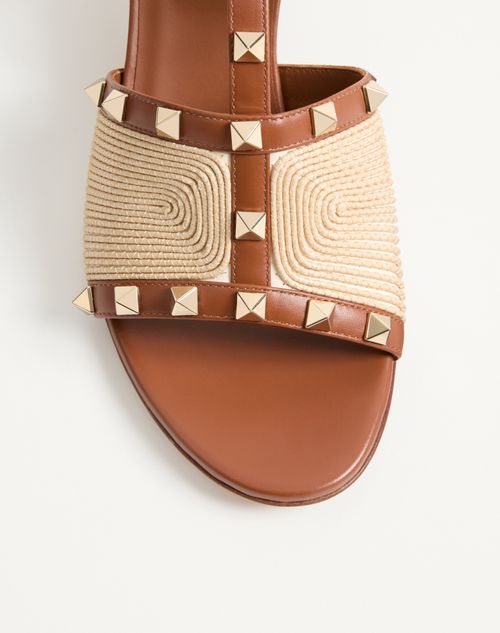 Valentino Garavani - Rockstud Calfskin Slide Sandal With Cornely Embroidery 60mm - Saddle Brown/natural - Woman - Sandals